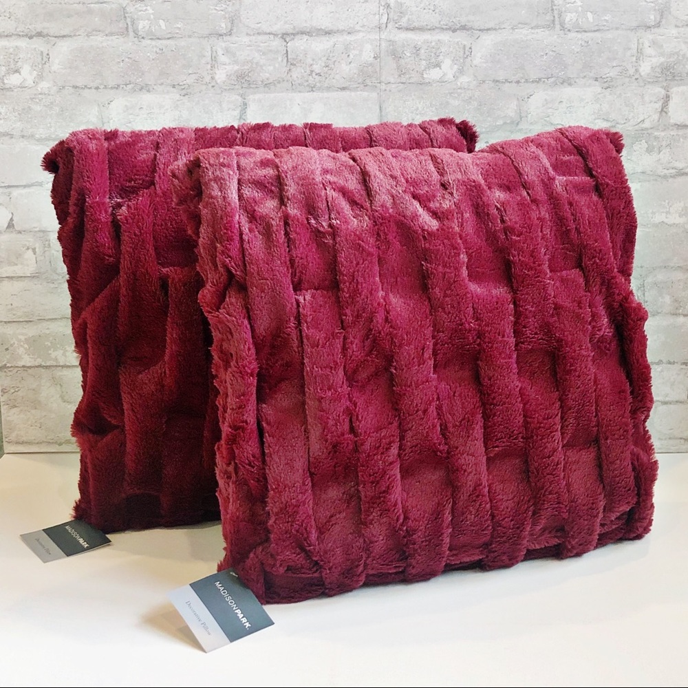 Madison Park | Red Ruched Faux Fur Throw Pillows